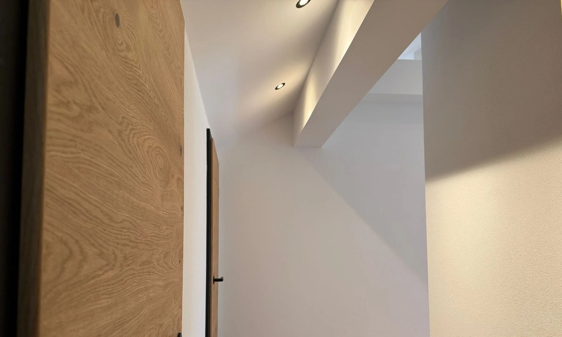 Empfangsbereich der Panorama Suite mit Holzverkleidung und schrägem Deckenverlauf